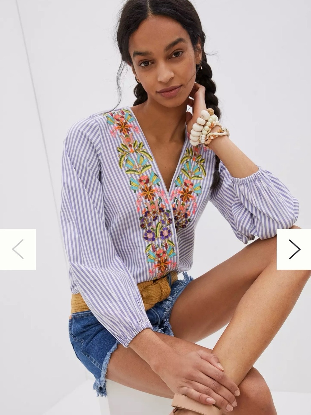 Anthropologie Lavender-White Striped V-Neck Blouse with Floral Embroidery